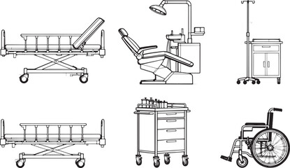 A collection of various medical equipment essentials, depicted in a detailed line art style, providing insights into modern healthcare infrastructure.