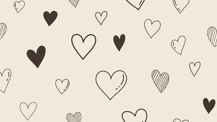 A charming and whimsical background pattern featuring a variety of hand-drawn hearts in different styles and shades of brown on a soft, neutral beige backdrop.