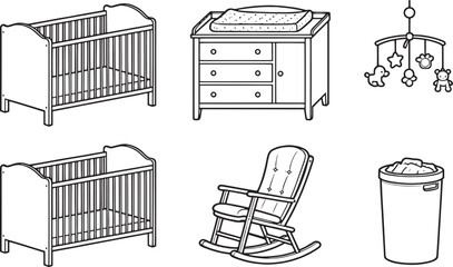 A collection of essential nursery furniture elements, thoughtfully illustrated to create a comfortable and inviting space for a newborn. It includes crib, changing table, mobile, rocking chair.