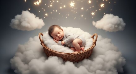 Newborn baby boy sleeping peacefully in a basket on clouds under starry night sky