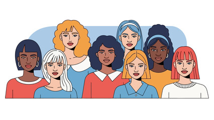 A diverse group of women with different hairstyles and skin tones standing together, representing unity and diversity.