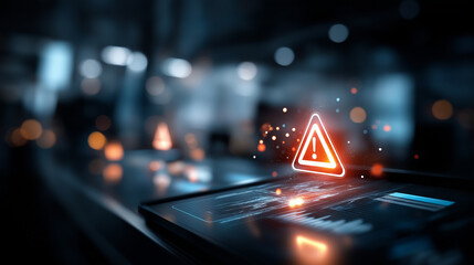 System warning and data risk alert with digital dashboard and caution icon visualization suitable for IT monitoring system cybersecurity threat detection error alert