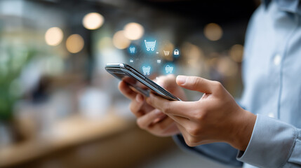 Faceless hand holding smartphone with virtual secure payment icons floating representing digital banking interface online shopping security fintech transactions e commerce
