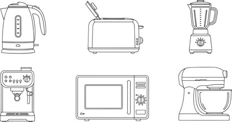 Modern kitchen appliances, depicted in a stylish line art, present a collection of essential tools for culinary creativity, highlighting their sleek designs and functionality.
