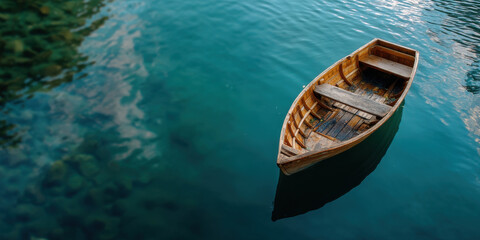 Obraz premium Wooden boat top down alone calm water turquoise lake wooden boat top down alone tranquil mood