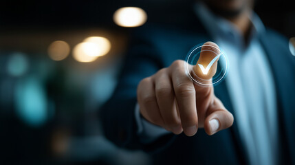 Faceless businessman touching digital checkmark icon on virtual screen for document verification task approval process data validation in online workflow and digital