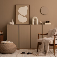 Aesthetics composition of living room interior with mock up poster frame, brown wall, sideboard,...