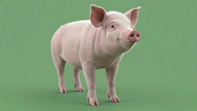 A realistic side-view illustration of a healthy pink domestic pig standing on a solid green background.
