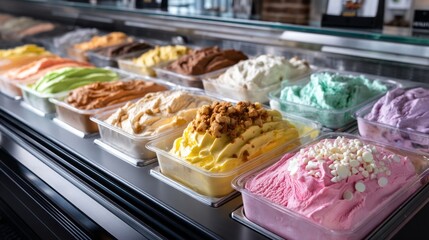 A vibrant display case showcases a tempting selection of gelato and ice cream in various flavors, inviting dessert lovers to indulge in sweet treats anytime
