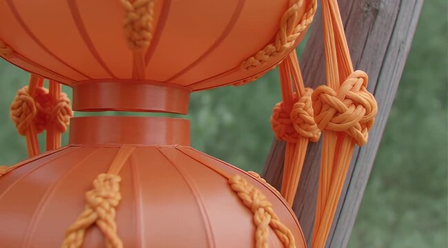 Stunning 3D Render of Orange Japanese Kushi Rope Kunai Trowel Weapon Hanging on Tree Branch for Martial Arts Training and Anime Backgrounds Stock Footage