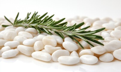 Smooth white stones with rosemary sprig for spa or relaxation