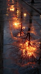 Reflective street scene with warm lights and tree silhouettes in wet pavement