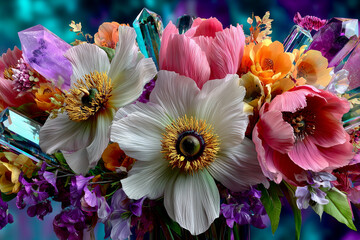 Bright flowers and colorful crystals in a vibrant arrangement on display in a shop during daylight hours