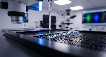 Subject of scientific research pouring liquid into a device in lab setting, with equipment and lighting. Researcher in laboratory setting.