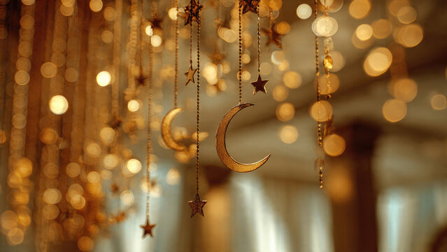 Eid Mubarak decorations with moon and stars - Powered by Adobe