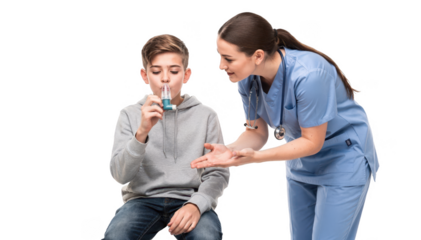 Isolated teen patient practicing inhaler technique with spacer under respiratory therapist guidance highlighting youth asthma education on a clean white background.