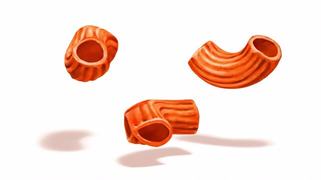 Loopable animation featuring three minimalistically stylized macaroni noodles painted in deep orange watercolor rotating and floating gently on a clean white backdrop commercial, floating, clean