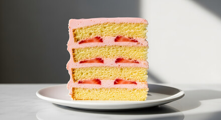 Detail shot of a four-layer vanilla cake slice with pink frostin