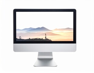 Fototapeta premium Scenic Mountain View Displayed on Computer Monitor With Soft Colors and Outlines of Hills During Sunrise