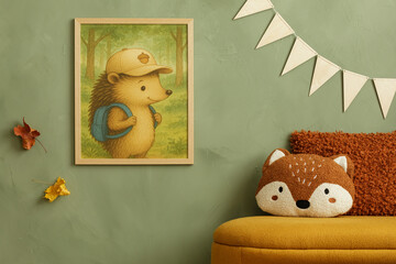 Green children’s room with hedgehog artwork, wooden bunting and soft autumn accents, creating a warm woodland atmosphere. © FollowTheFlow