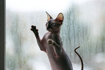 Playful Sphynx Cat Curiously Poses by Rain-Soaked Window: Indoor Pet and Feline Friend with Adorable Expressions and Smooth Skin