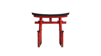 Antique Japanese torii shrine gate miniature made of aged wood with traditional faded red paint. Front view, straight-on composition, isolated on a clean white background. Symbol of Japanese culture