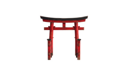 Antique Japanese torii shrine gate miniature made of aged wood with traditional faded red paint. Front view, straight-on composition, isolated on a clean white background. Symbol of Japanese culture