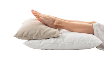 Comfortable bed scene with legs resting on soft pillows symbolizing home care and leg elevation for improved circulation.