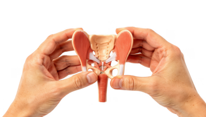 Closeup of hands holding a pelvic muscle model on white background highlighting key elements of urethral support for teaching in clinical workshops.