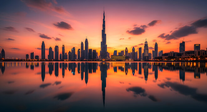 Dubai skyline panorama with Burj Khalifa reflected in water duri