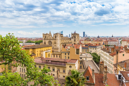 View over the historic cathedral and the old town of Lyon, France