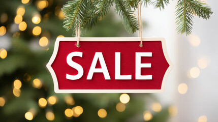 Festive sale sign with red background, perfect for holiday promotions and marketing. Capture the spirit of savings.