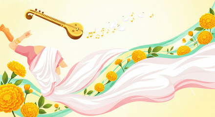 Stylized depiction of Goddess Saraswati playing veena amidst flowing fabric and flowers