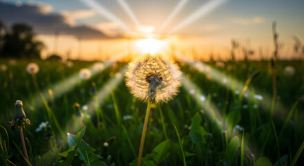 Fluffy dandelion seed head glowing against the bright setting su