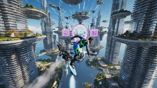Soaring above tomorrow: person on futuristic hoverboard navigating a vertical cityscape with advanced architecture and floating platforms