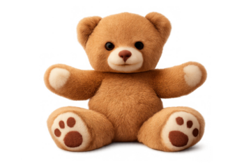 Teddy bear plush toy sitting, bringing childhood comfort and a cute cuddly feeling, transparent background