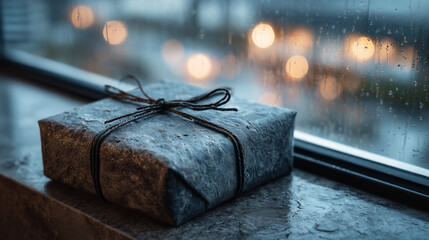 Rainy Day Gift: Wrapped Present on Windowsill, Cozy Home, Moody Light, Holiday Gift, Special Occasion