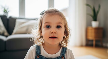 A toddler girl with blonde curly hair and blue eyes, wearing denim overalls, looks directly at the camera in a bright, modern living room.