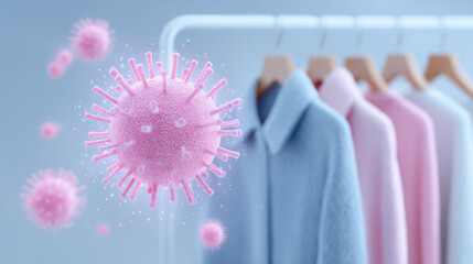 Illustration of virus particles near clothing, symbolizing health and hygiene in fashion.