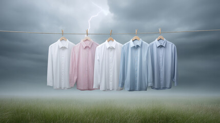 Shirts hanging on a line against a stormy sky, creating a unique fashion atmosphere.