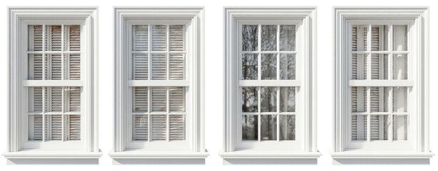 Obraz premium Four white, framed windows with gridded panes and curtains; different outside views