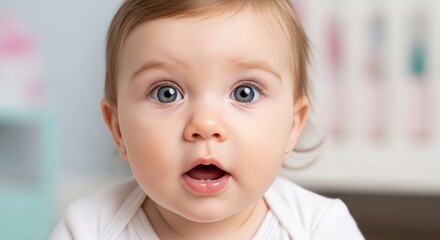 Surprised baby girl with big blue eyes looks forward in a bright nursery. Baby with open mouth and wide eyes in white bodysuit.