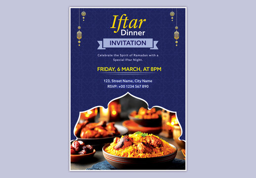Editable Iftar Dinner Party Invitation Card Template with Traditional Food Photo on Blue Islamic Pattern Background for Breaking the Fast During Ramadan.