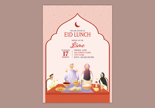Editable Eid Lunch Invitation Template with Illustration of Muslim Family Praying Before Meal at Dining Table on Islamic Arch Pattern Background.