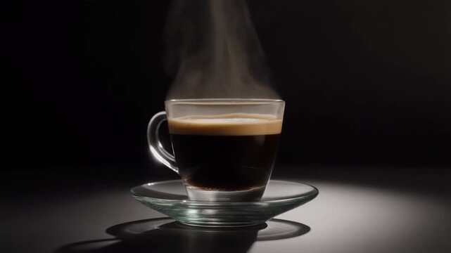 Slow rotation 360&deg; shot of a glass cortado cup under studio lighting with steam rising softly, elegant 4K loop.Product shot of a professional cortado coffee in