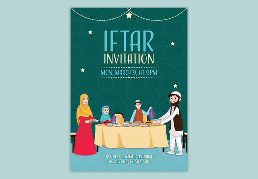 Editable Iftar Party Invitation Card Template with Muslim Family Enjoying Meal, Illustration on Green Islamic Pattern Background for Breaking the Fast During Ramadan.