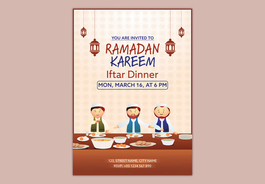 Editable Iftar Dinner Party Invitation Template with Muslim Men Enjoying Meal Illustration for Ramadan Kareem.
