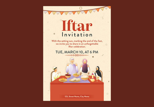 Editable Iftar Dinner Party Invitation Template with Delicious Foods, Arabic Jug Illustration on Beige Islamic Pattern Background for Ramadan Kareem Celebration.