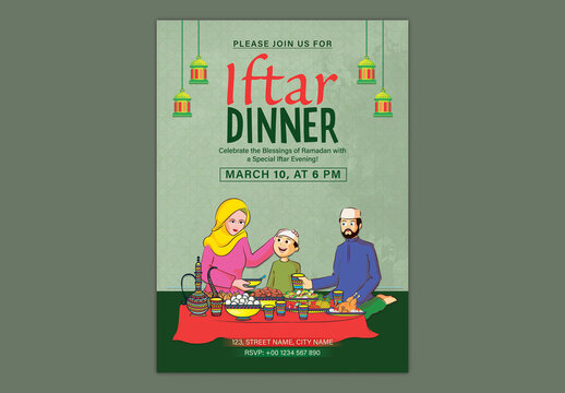 Editable Ramadan Iftar Party Invitation Template with Illustration of Traditional Dates and Arabic Jug on Beige Islamic Pattern Background.