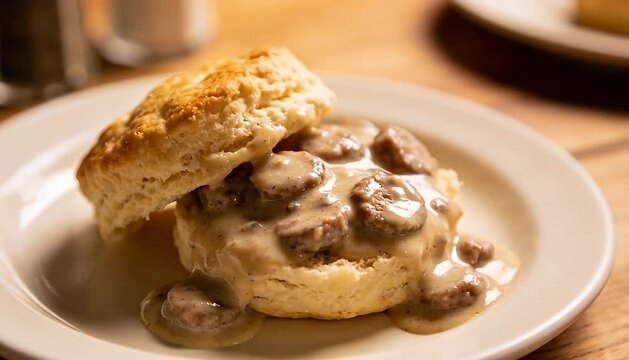 Fluffy biscuits smothered in creamy sausage gravy, a comforting breakfast dish for any morning., gravy.